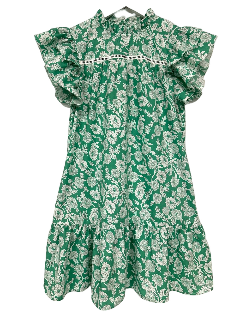 Pinch Green Floral Cotton Dress Medium Ruffle Sleeve Mock Neck Pockets